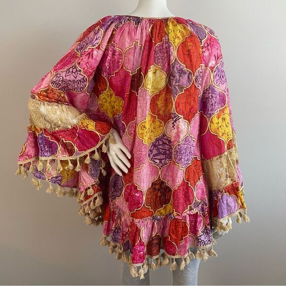 TOLANI COLLECTION Pink Sparkly Boho Tassel Fringe Oversized Poncho Tunic Blouse - Picture 2 of 13